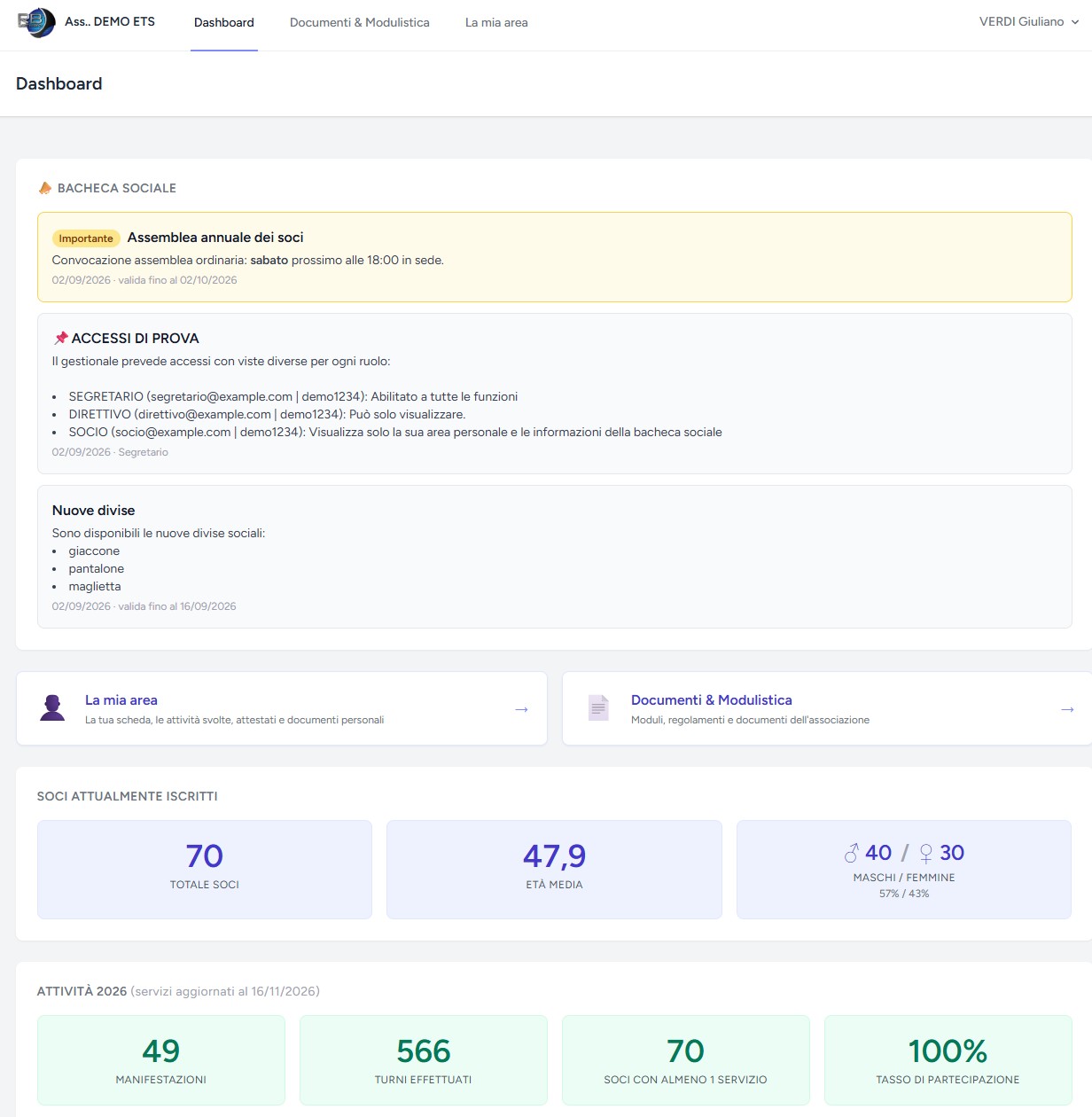 Vista del socio: menu con «La mia area» e «Documenti & Modulistica», e la bacheca sociale